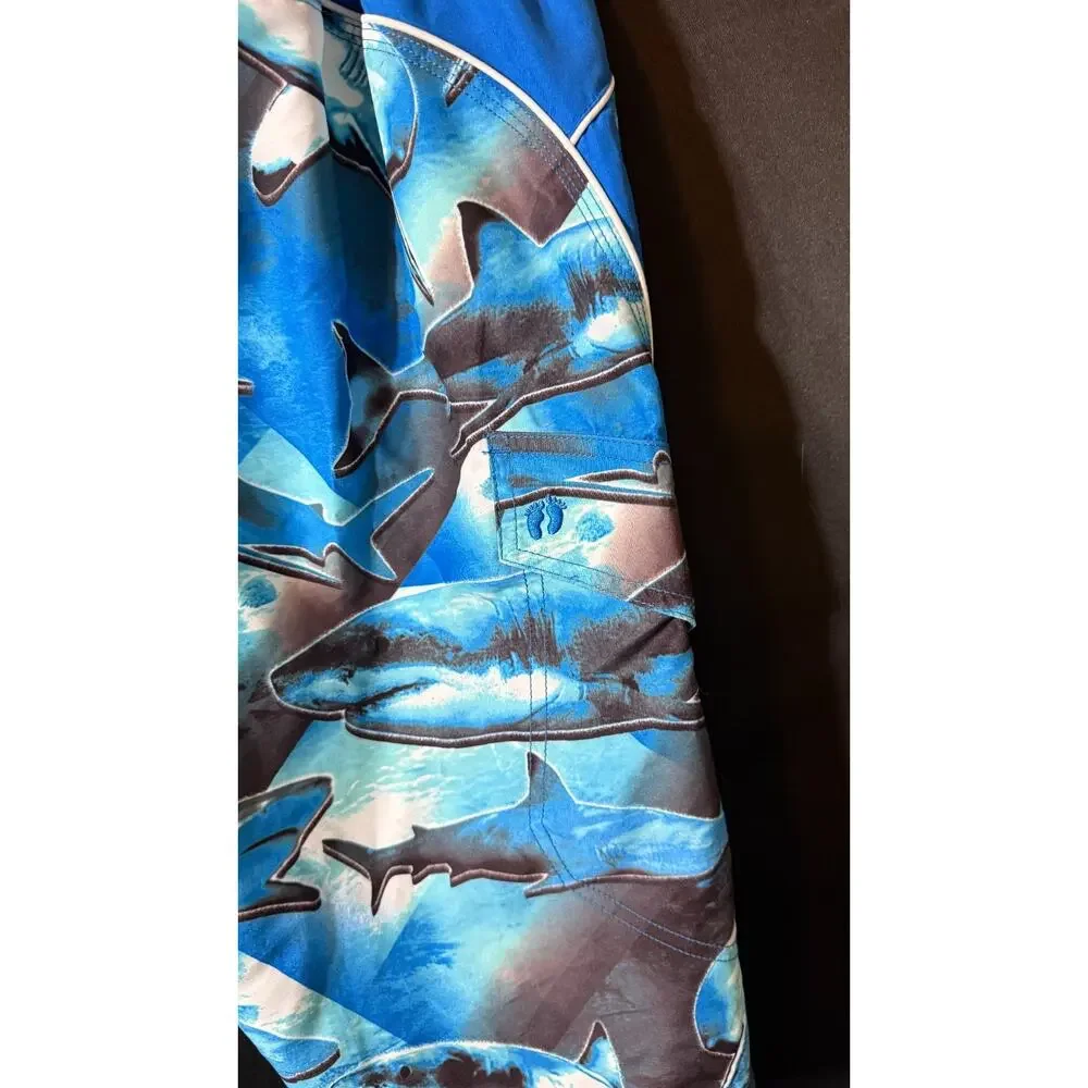 Hang Ten Boys XL18/20 Shark Print Swim Trunks Blue Board Shorts Mesh Lined Cargo